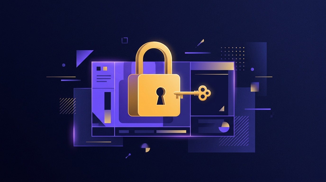Illustration of a secure padlock and key over a login screen