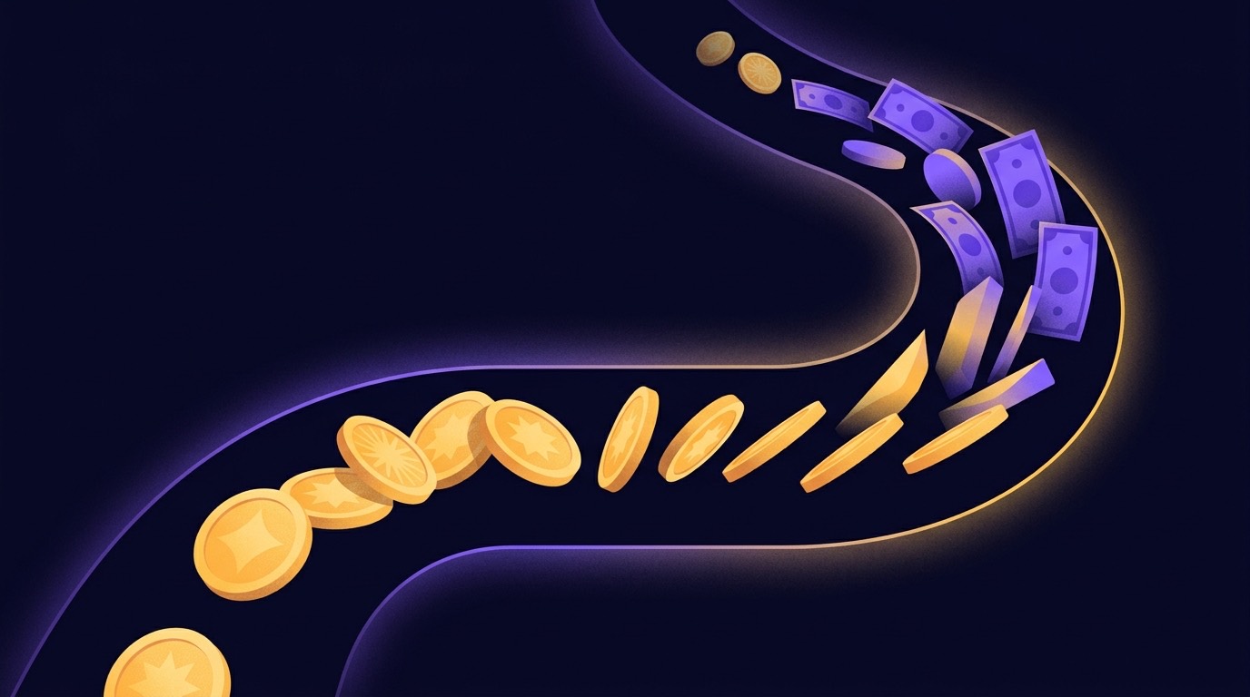 Illustration of coins converting into a cash payout on a dark background