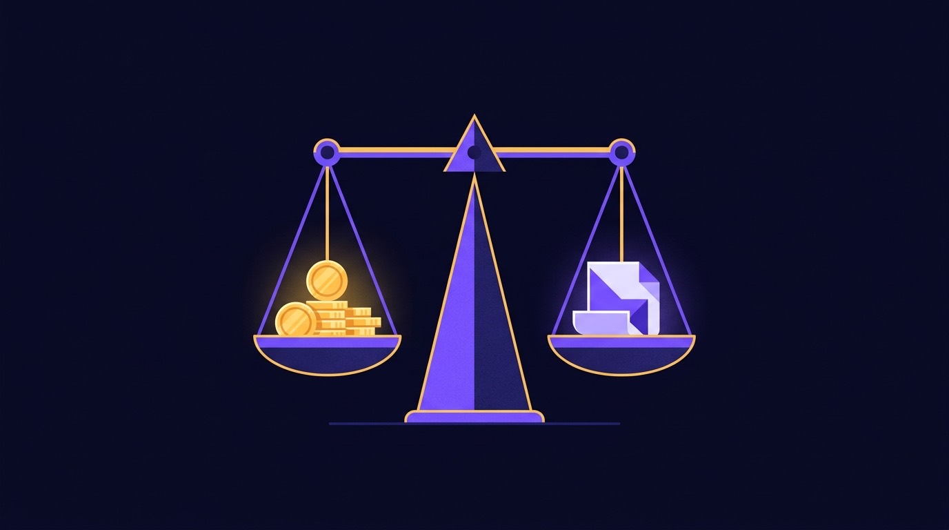 Illustration of a balanced scale weighing casino coins against a document