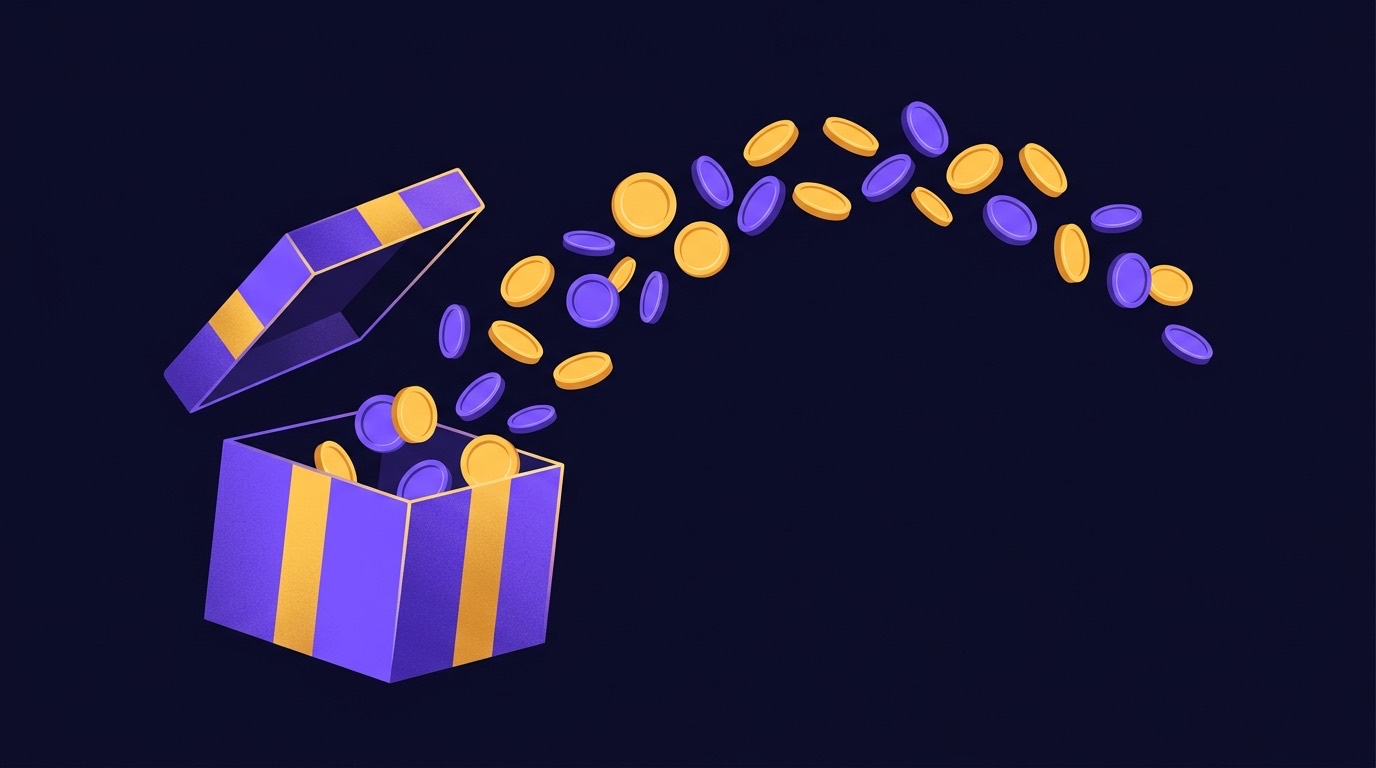 Illustration of a welcome gift box spilling gold and purple casino coins