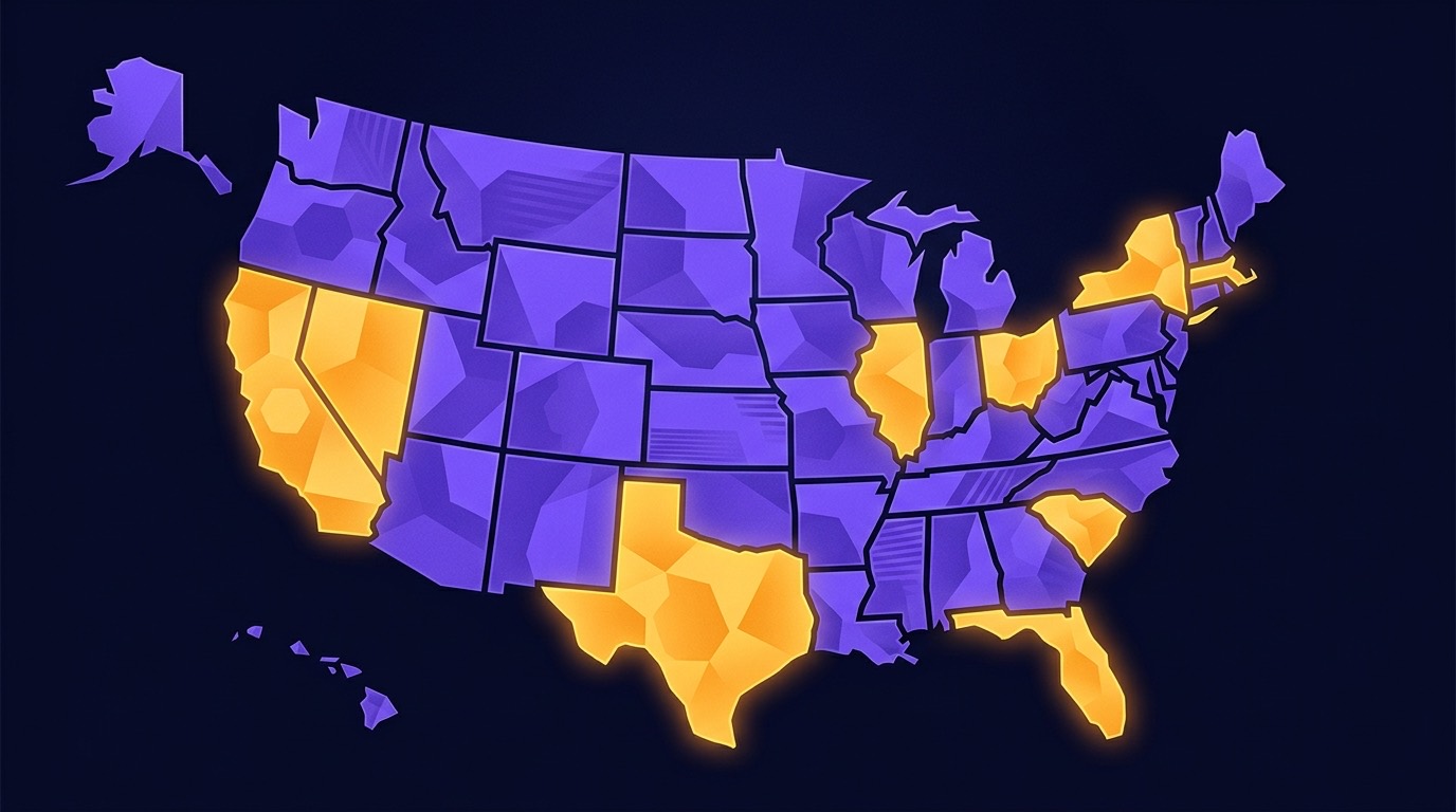 Illustration of a stylised US map with several states highlighted in warning colours
